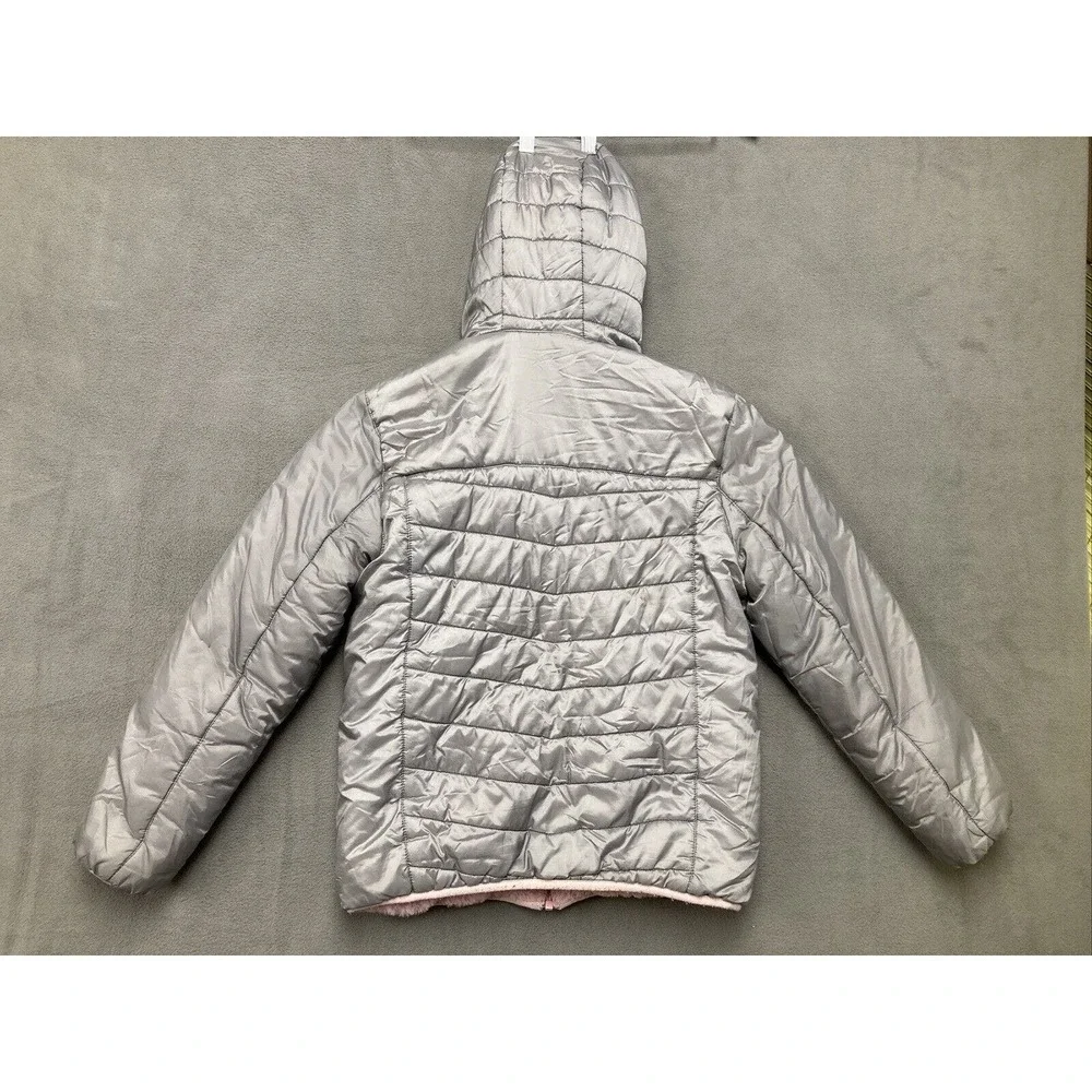 Eddie Bower Puffer Jacket Girls L 14/16 Grey Pink Zip Hooded Warm